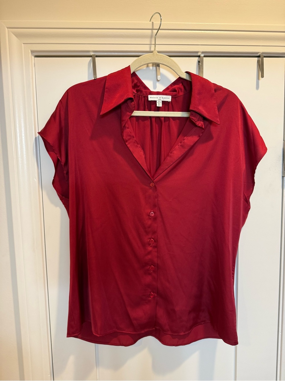 Silk-Feel Short-Sleeve Button Blouse in Deep Red